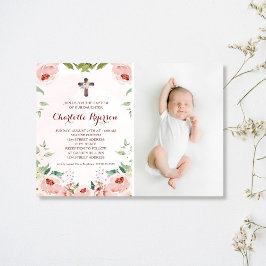 Invitación Elegante foto de bautismo floral rosa rosa de Rubo