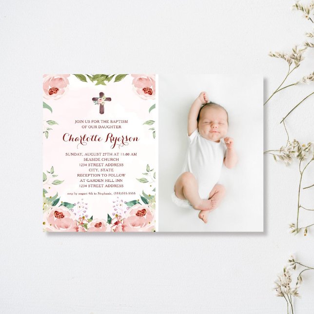 Invitación Elegante foto de bautismo floral rosa rosa de Rubo (Subido por el creador)