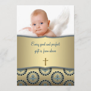 Invitación Elegante foto de bautizo de bebé niño en azul y do