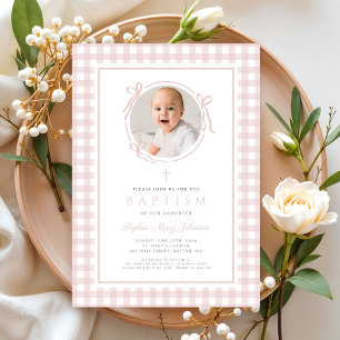 Invitación Elegante foto de bautizo de niña en rosa y cuadros