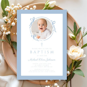 Invitación Elegante foto de bautizo de niño con lazo azul beb