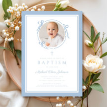 Elegante foto de bautizo de niño con lazo azul beb