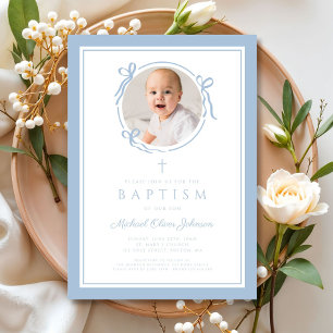 Invitación Elegante foto de bautizo de niño con lazo azul beb