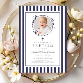 Invitación Elegante Foto de Bautizo de Niño con Lazo Azul Mar