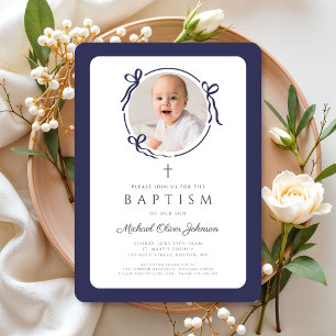 Invitación Elegante Foto de Bautizo de Niño con Lazo Azul Mar