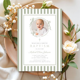 Invitación Elegante Foto de Bautizo de Niño con Lazo Verde Sa