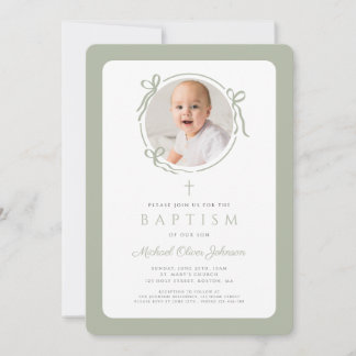 Invitación Elegante Foto de Bautizo de Niño con Lazo Verde Sa