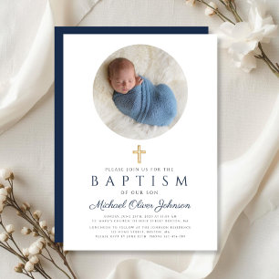 Invitación Elegante Foto de Bautizo de Niño en Azul Marino Sc