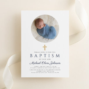 Invitación Elegante Foto de Bautizo de Niño en Azul Marino Sc