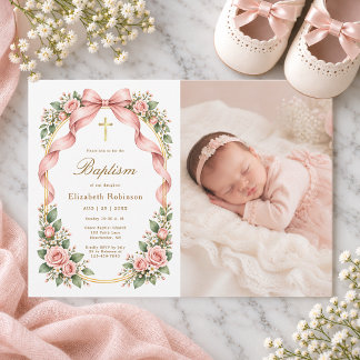 Invitación Elegante foto de bautizo floral con lazo rosa