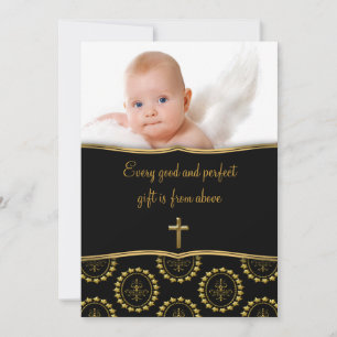 Invitación Elegante foto de bebé en negro y oro para bautizo