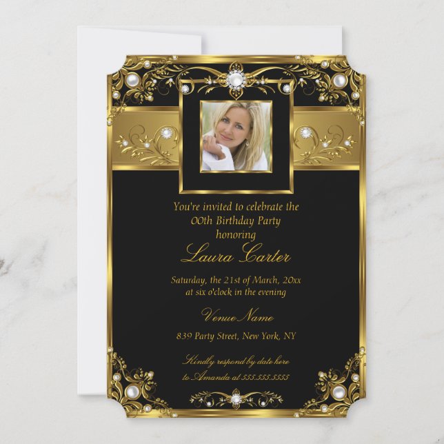 Invitación Elegante foto de Black White Gold Pearl cumpleaños (Anverso)