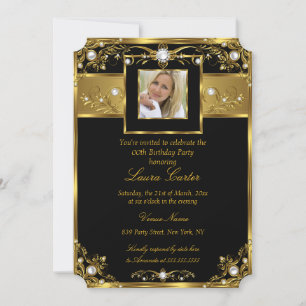 Invitación Elegante foto de Black White Gold Pearl cumpleaños