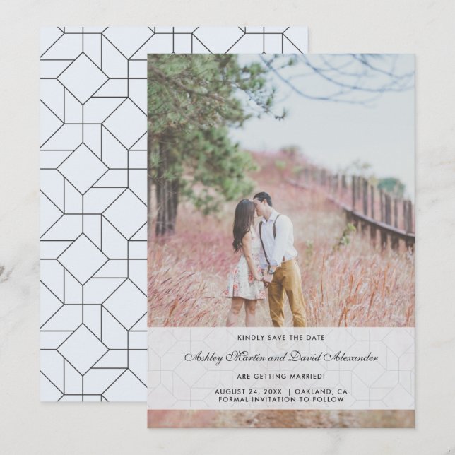 Invitación Elegante Foto de Boda Azul Guardar la Fecha (Anverso / Reverso)