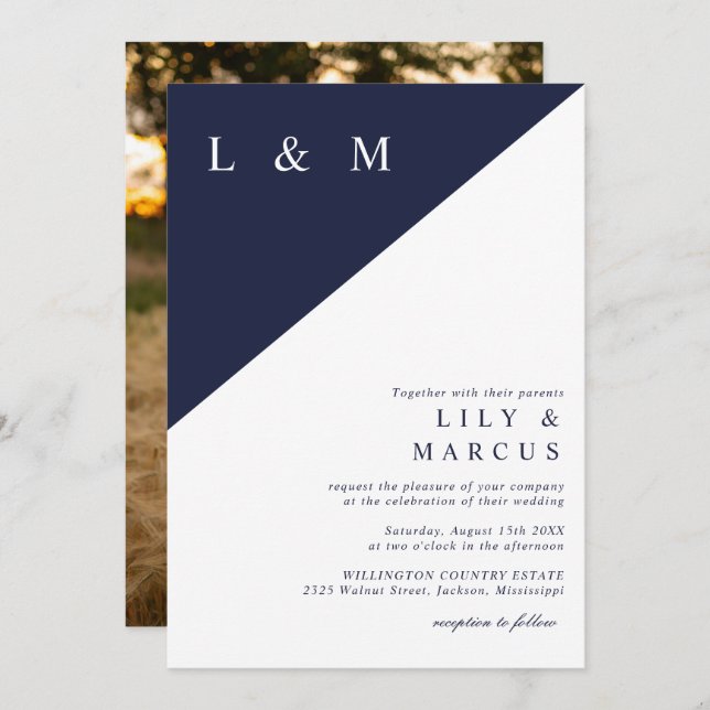 Invitación Elegante foto de Boda blanco azul de la Marina Min (Anverso / Reverso)