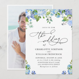Invitación Elegante Foto de Boda con Hortensia Azul Acuarela