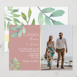 Invitación Elegante Foto de Boda con Rosas Polvorientas y Ver