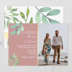 Invitación Elegante Foto de Boda con Rosas Polvorientas y Ver