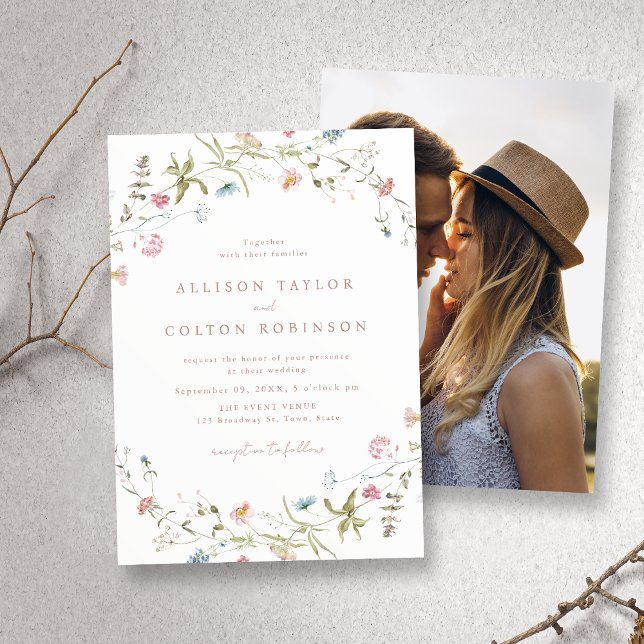 Invitación Elegante foto de Boda de Boho Rústico de Flor Silv (Elegant Pink Wildflower Rustic Boho Wedding Photo Invitation)