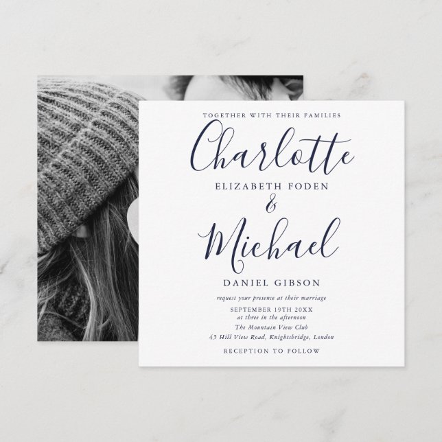 Invitación Elegante foto de Boda de escritura azul de la Mari (Anverso / Reverso)