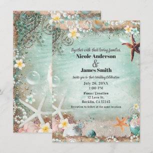Invitación Elegante Foto de Boda de Estrella de Mar y Perlas 