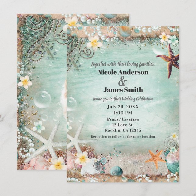 Invitación Elegante foto de boda de estrellas de mar y perlas (Anverso / Reverso)