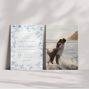 Invitación Elegante foto de boda de jardín floral azul polvor