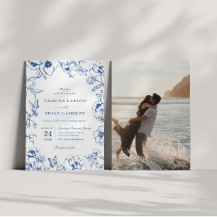 Invitación Elegante foto de boda de jardín floral azul real
