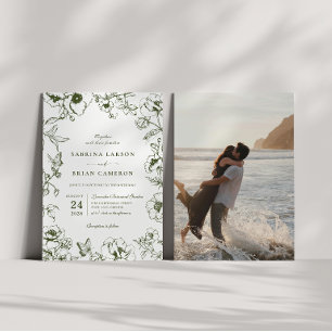 Invitación Elegante foto de boda de jardín floral verde oliva
