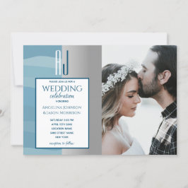 Invitación Elegante Foto de Boda en Acuarela Azul Polvoriento