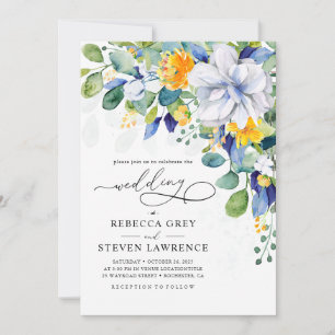 Invitación Elegante foto de boda floral amarilla y azul