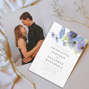 Invitación Elegante Foto de Boda Floral Azul con Acuarela