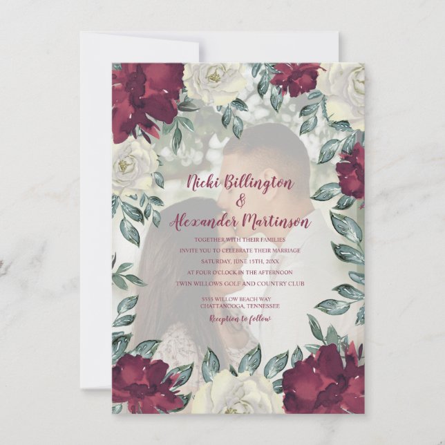 Invitación Elegante foto de Boda floral con crema de marfil d (Anverso)