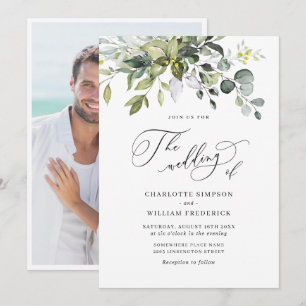 Invitación Elegante Foto de Boda Floral de Eucalipto en Acuar
