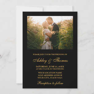 Invitación Elegante foto de Boda Negra y Oro