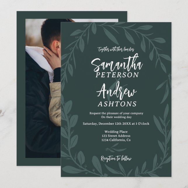 Invitación Elegante foto de boda verde de invierno (Anverso / Reverso)