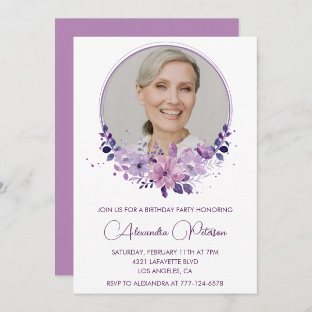 Invitación Elegante foto de Boho Floral 91 cumpleaños (Anverso / Reverso)