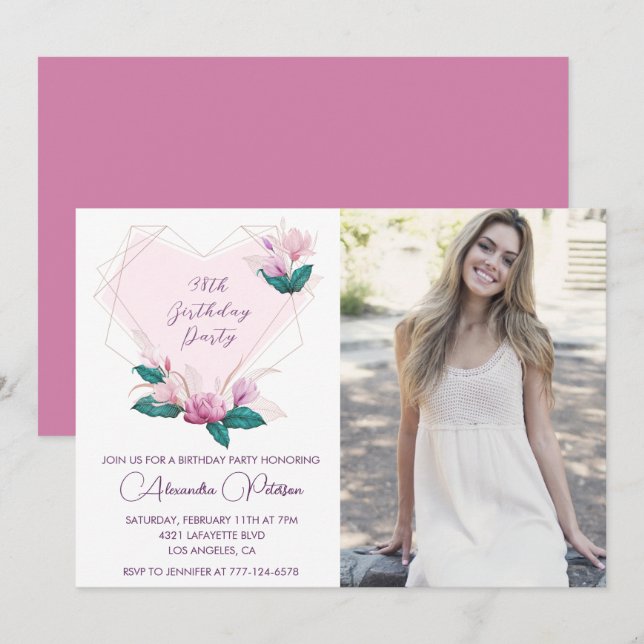 Invitación Elegante foto de Boho Pink Floral 38 años (Anverso / Reverso)