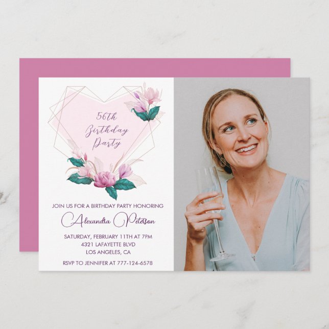 Invitación Elegante foto de Boho Pink Floral 56º cumpleaños (Anverso / Reverso)