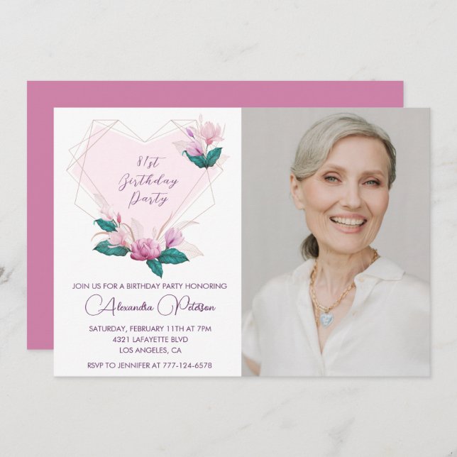 Invitación Elegante foto de Boho Pink Floral 81 cumpleaños (Anverso / Reverso)