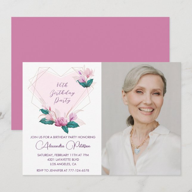 Invitación Elegante foto de Boho Pink Floral 86º cumpleaños (Anverso / Reverso)
