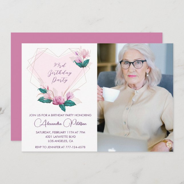 Invitación Elegante foto de Boho Pink Floral 93 cumpleaños (Anverso / Reverso)