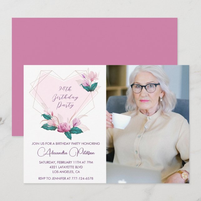 Invitación Elegante foto de Boho Pink Floral 94 cumpleaños (Anverso / Reverso)