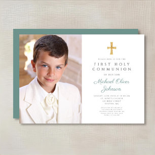 Invitación Elegante foto de chico verde primera comunión