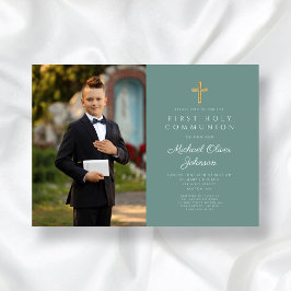 Invitación Elegante foto de chico verde primera comunión