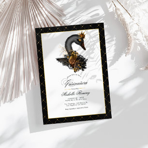 Invitación Elegante Foto de Cisne Negro y Dorado para Quincea