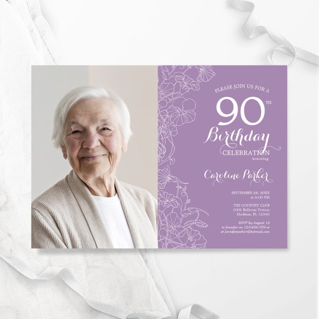 Invitación Elegante foto de color morado blanco floral 90 cum (Subido por el creador)