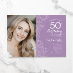 Invitación Elegante foto de color morado claro 50 cumpleaños<br><div class="desc">Invitación floral color púrpura claro para la fiesta de 50 años con tu foto en la parte delantera de la tarjeta. Diseño elegante y moderno con detalles botánicos de dibujos y tipografía. Sencilla carta de invitación a la moda, perfecta para una elegante celebración de cumpleaños femenina. Se puede personalizar a...</div>