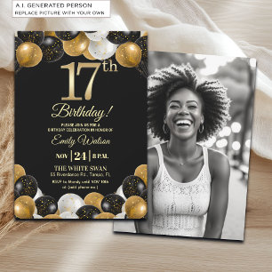 Invitación Elegante Foto de Cumpleaños 17 con Brillo Dorado N