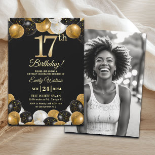 Invitación Elegante Foto de Cumpleaños 17 con Brillo Dorado N